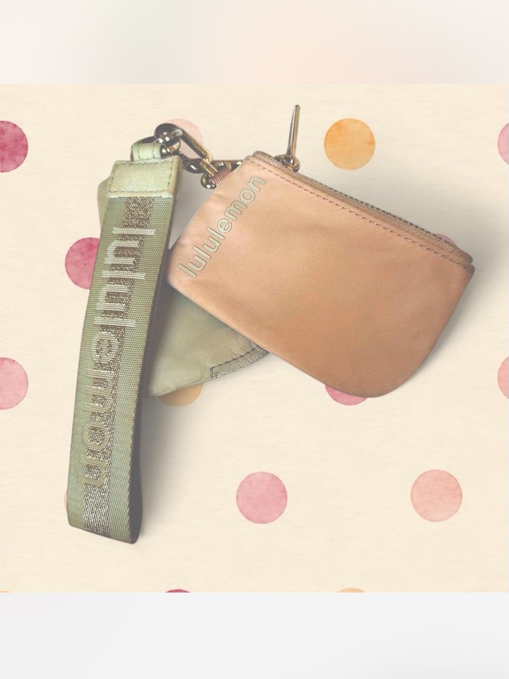 lululemon athletica Peach Leather Key Pouch with Green Logo Wristlet